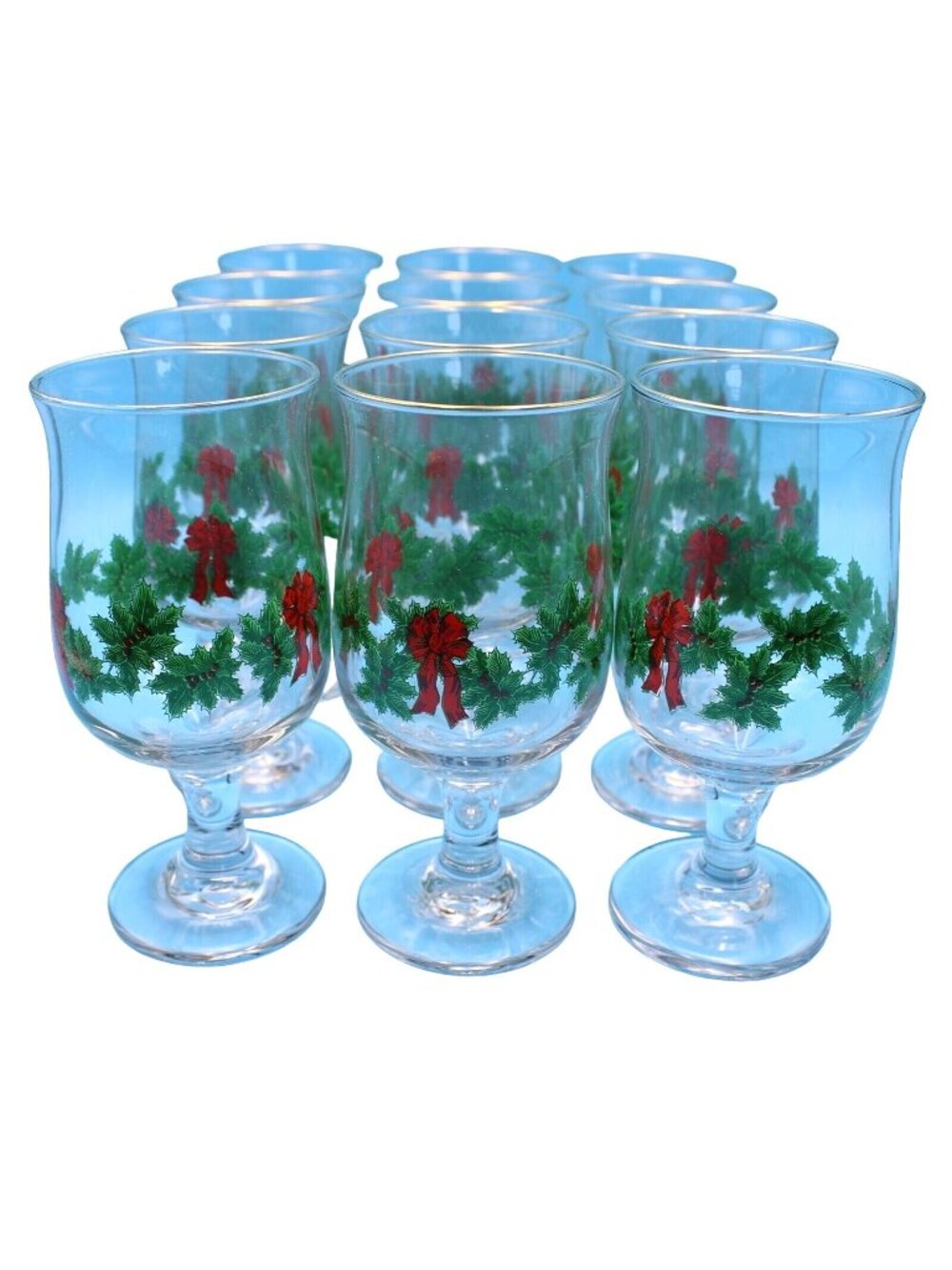 12 Libby Holly Berry Red Ribbon Bow Gold Rim Christmas Holiday Glass Goblets